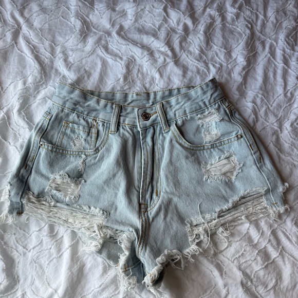 SHEIN Blue Jean Shorts High-Waisted Distressed Light Wash - Picture 1 of 7
